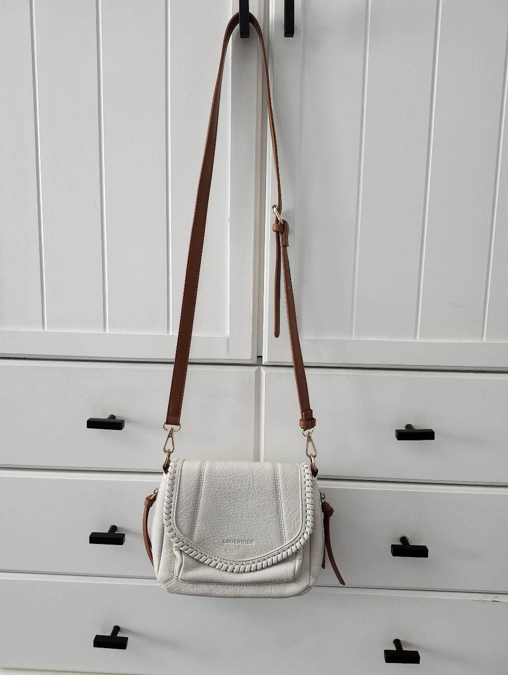 LOUENHIDE Vegan Leather Cream Crossbody Bag with Brown Strap